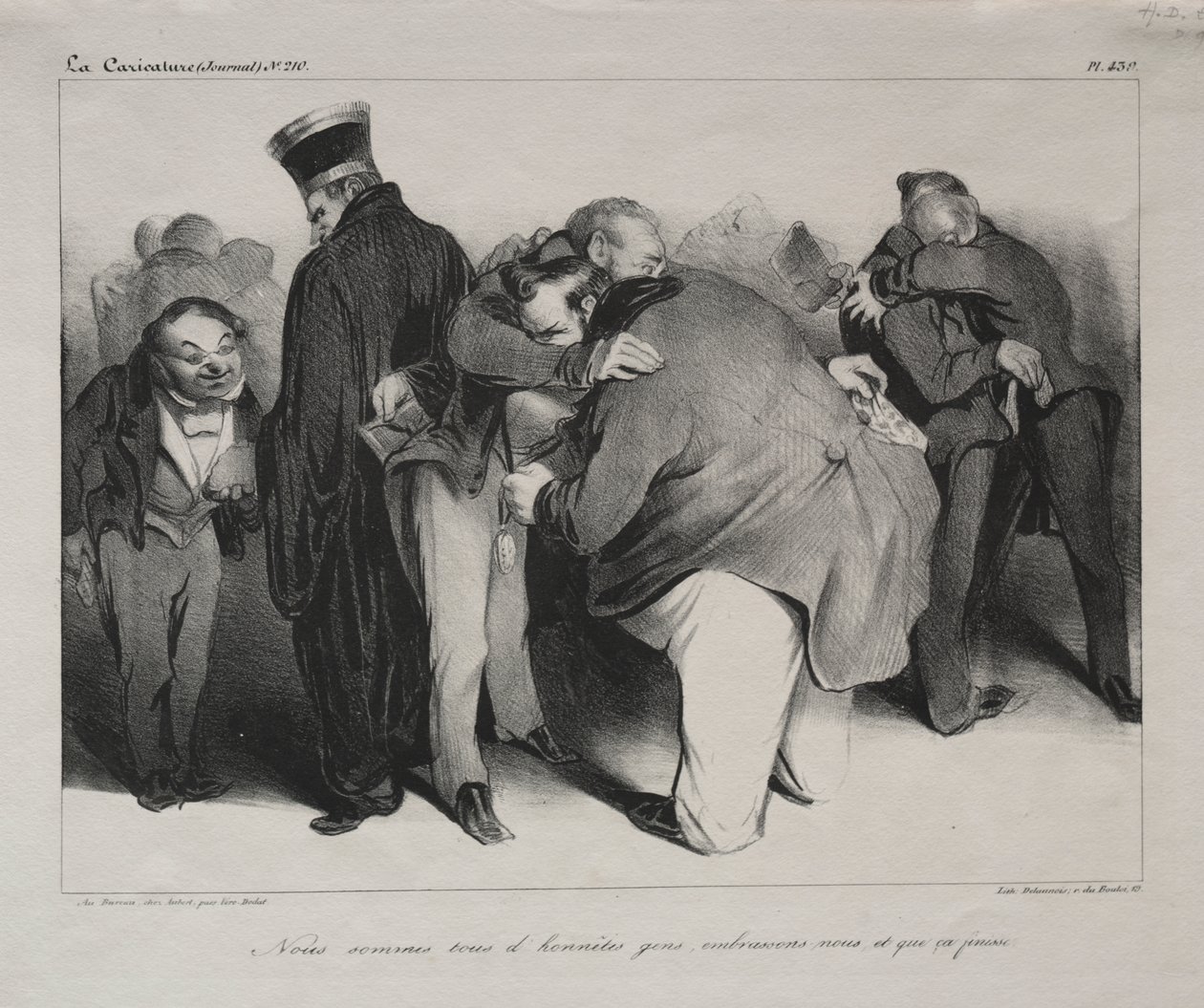 Karikatür, levha 439: Hepimiz dürüst insanlarız, bu yüzden kucaklayalım ve onunla işimiz bitsin. by Honoré Daumier