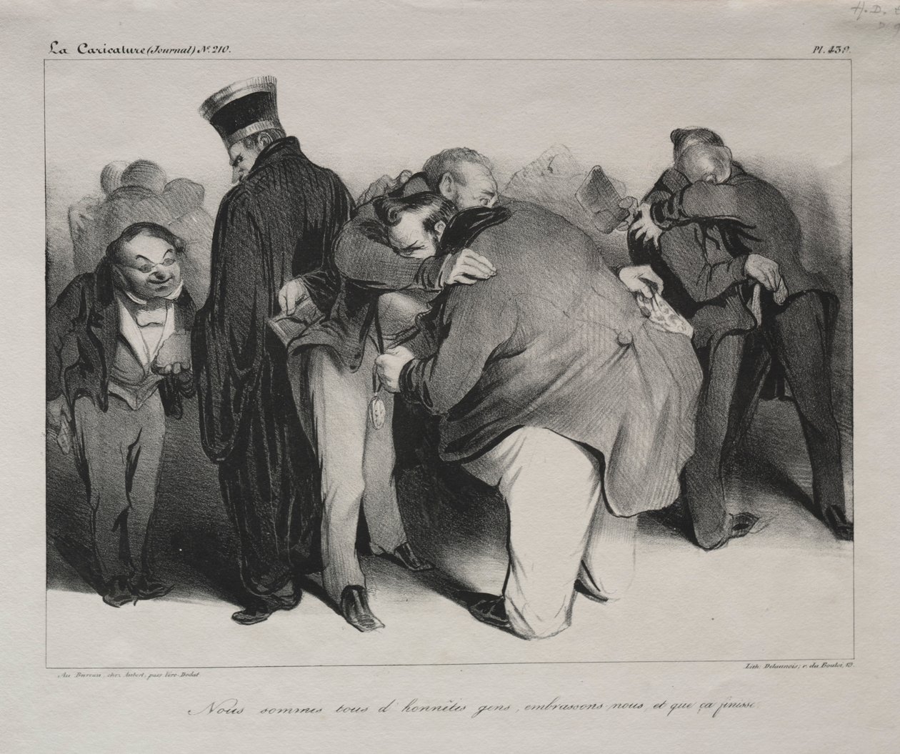 Karikatür, levha 439: Hepimiz dürüst insanlarız, bu yüzden kucaklayalım ve onunla işimiz bitsin, 1834. by Honoré Daumier