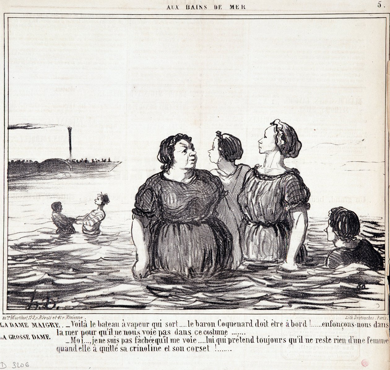 Görünümler ve moda hakkında karikatür. Seri “” Les Bains de Mer””: “” Zayıf kadın (...), şişman kadın (...)” Honore DAUMIER (1808-1879) tarafından yapılan gravür. 16 Eylül tarihli “Le Charivari” gazetesinden alıntı by Honoré Daumier