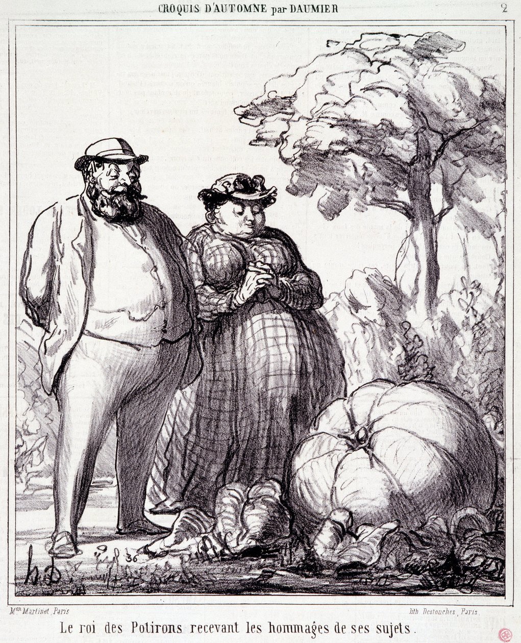 Bahçıvanlık hakkında çizgi film. Serie “” Sonbahar Kroki””: “” Konularından haraç alan Balkabağı Kralı””. Honore DAUMIER (1808-1879) tarafından yapılan gravür. 23 Eylül tarihli “Le Charivari” gazetesinden alıntı by Honoré Daumier