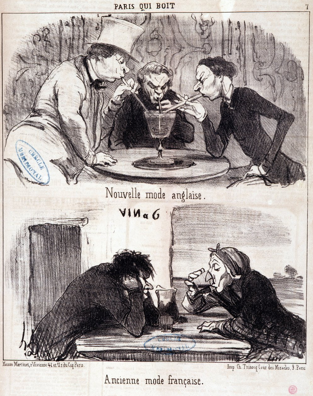 Gastronomi istismarı hakkında karikatür. “Paris qui içecekler” serisi: yeni İngiliz modası ve eski Fransız modası. Honore DAUMIER (1808-1879) tarafından yapılan gravür. “” Le Charivari” gazetesinden alıntı 23 Haziran 1852 Dim 37x26 cm Env D 2312 - kutu 24  by Honoré Daumier