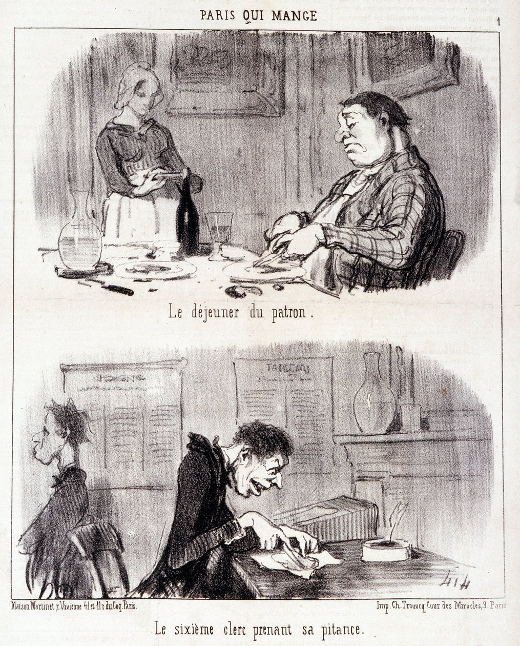 Gastronomi istismarı hakkında karikatür. “Paris qui mange”” dizisi: Patronun kahvaltısı. Altıncı katip parasını alır. Honore DAUMIER (1808-1879) tarafından yapılan gravür. 26 Haziran tarihli “Le Charivari” gazetesinden alıntı by Honoré Daumier