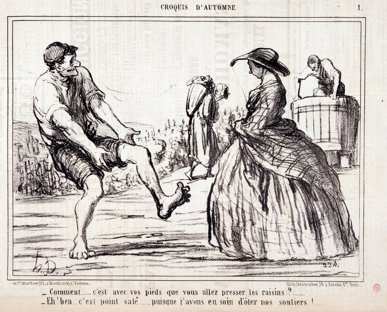 Çıplak ayak üzümleri çiğneyen biçerdöverler hakkında çizgi film. Serie “” Sonbahar Çizimi”: “” Nasıl... Üzümleri ayağınla sıkacaksın? ...” Honore DAUMIER (1808-1879) tarafından yapılan gravür. “Le Charivari” gazetesinden alıntı by Honoré Daumier