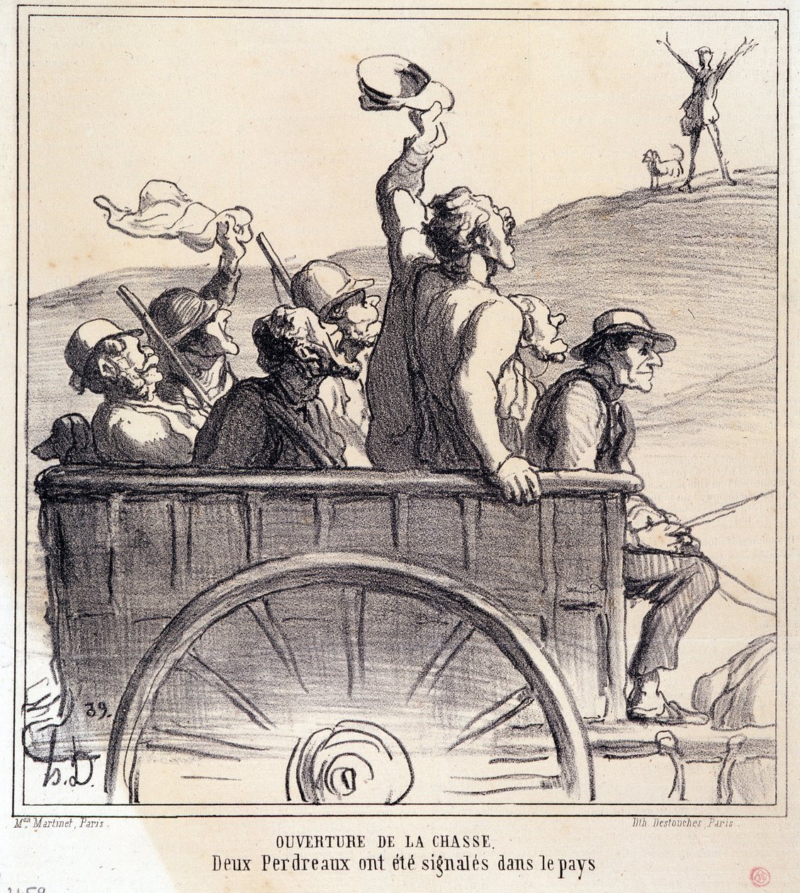 Avcılar hakkında karikatür. "Sonbahar Kroki: Avın açılışı, ülkede iki keklik sinyali verildi" serisi, "Le Charivari" Gazetelerinden by Honoré Daumier