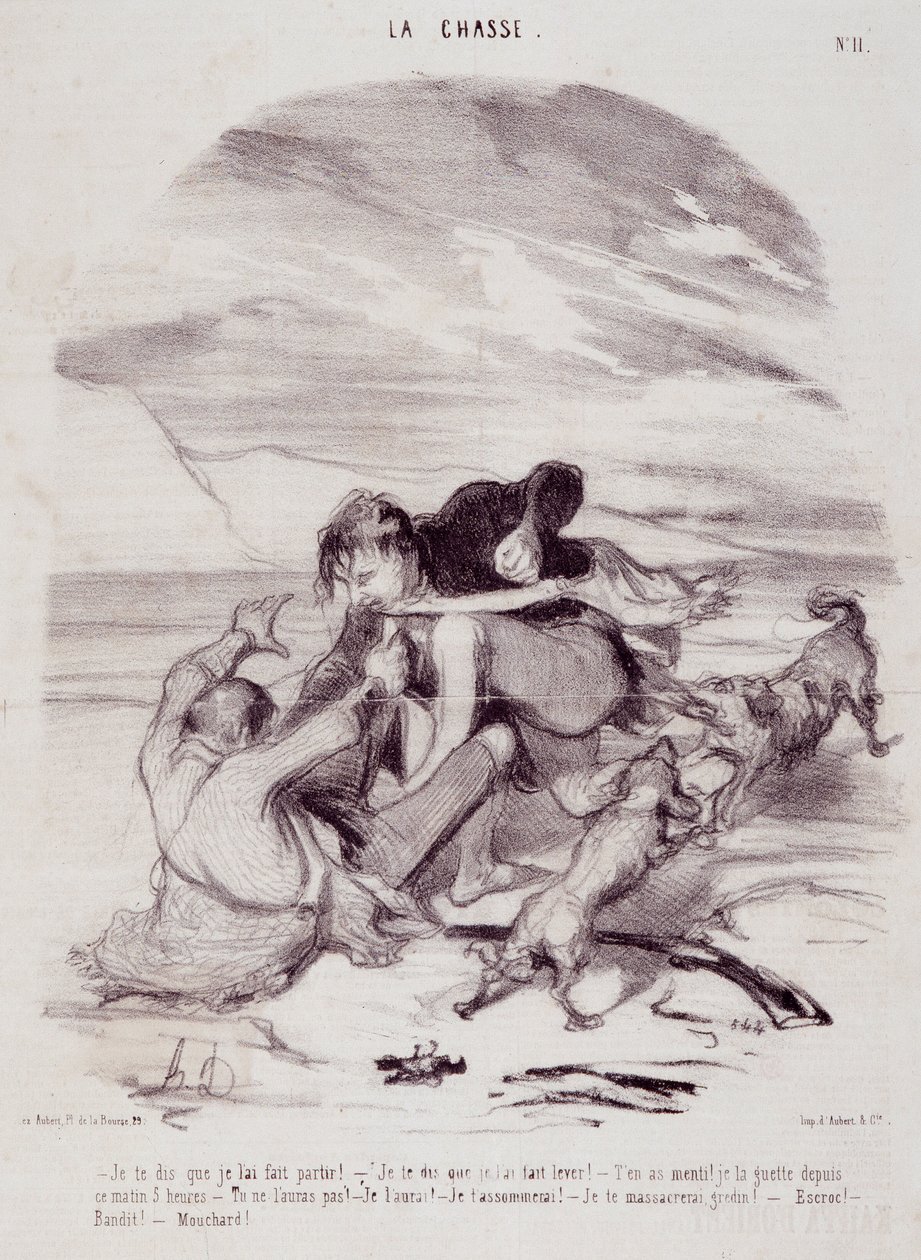 Avcılar hakkında karikatür. Seri “” Hayatın Güzel Günleri - Avcılık””: “”Size onu terk ettirdiğimi söylüyorum…”” Honore DAUMIER (1808-1879) tarafından gravür. 10 Ocak tarihli “Le Charivari” gazetesinden alıntı by Honoré Daumier