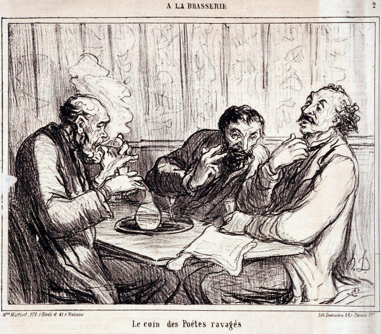 Şiir yazarları hakkında karikatür. Dizi “” A la brasserie”: “” Perişan şairlerin köşesi”””. Honore DAUMIER (1808-1879) tarafından yapılan gravür. 7 Ocak “Le Charivari” gazetesinden alıntı by Honoré Daumier