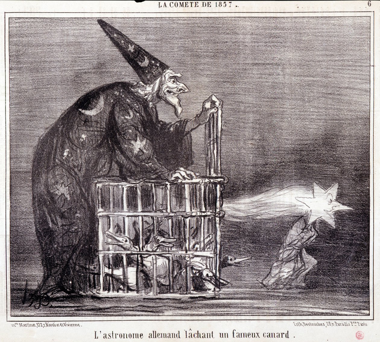 Bilim hakkında karikatür. Serie Sur “” 1857 Kuyruklu Yıldızı””: “” Ünlü Ördeği Bırakan Alman Astronom”””. Honore DAUMIER (1808-1879) tarafından yapılan gravür. 2 Mart “Le Charivari” gazetesinden alıntı by Honoré Daumier