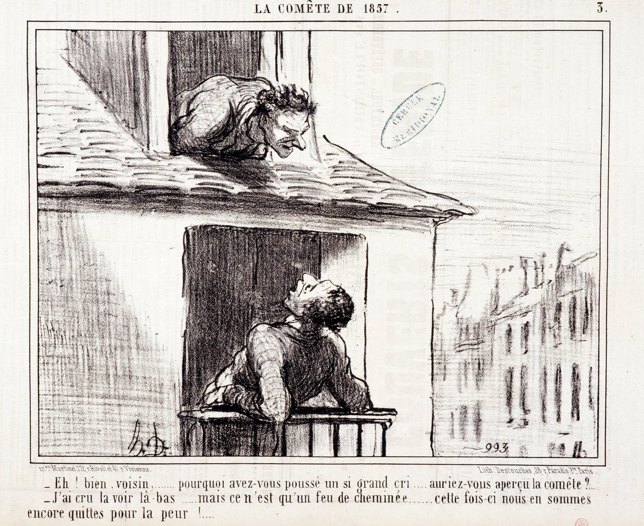 Bilim hakkında karikatür. Serie Sur “” 1857 Kuyruklu Yıldızı””: “” Peki komşu… neden bu kadar çok ağladın…”” Honore DAUMIER (1808-1879) tarafından gravür. 11 Mart tarihli “Le Charivari” gazetesinden alıntı by Honoré Daumier