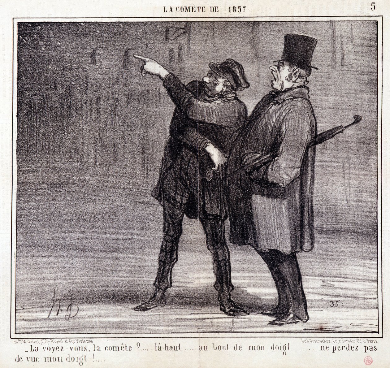 Bilim hakkında karikatür. “” 1857 Kuyruklu Yıldızı” konulu dizi: “” Komiteyi görüyor musunuz?...” Bir hırsız kurbanının dikkatini başka yöne çekiyor. Honore DAUMIER (1808-1879) tarafından yapılan gravür. 19 Mart “Le Charivari” gazetesinden alıntı by Honoré Daumier