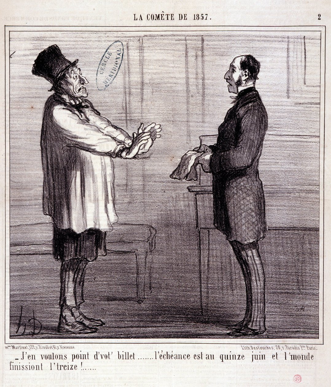 Bilim hakkında karikatür. “” 1857 Kuyruklu Yıldızı” üzerine diziler: Bilet istemiyorum...” Honore DAUMIER (1808-1879) tarafından yapılan gravür. 4 Mart “Le Charivari” gazetesinden alıntı by Honoré Daumier