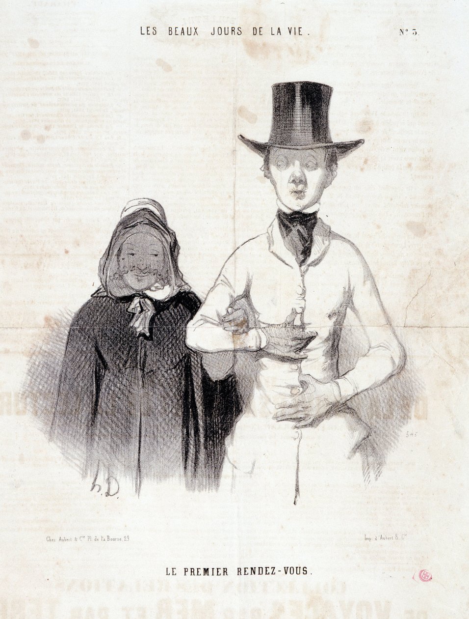 Çift hakkında karikatür: “” Hayatın Güzel Günleri””: “İlk buluşma””. Honore DAUMIER (1808-1879) tarafından yapılan gravür. 2-3 Ocak tarihli “Le Charivari” gazetesinden alıntı by Honoré Daumier