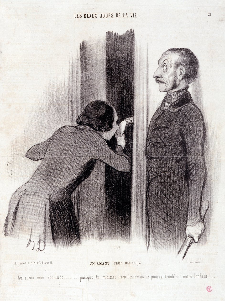 Çift hakkında çizgi film. Seri “” Hayatın Güzel Günleri”: “” Çok mutlu bir sevgili...” Honore DAUMIER (1808-1879) tarafından yapılan gravür. 1 Eylül tarihli “Le Charivari” gazetesinden alıntı by Honoré Daumier