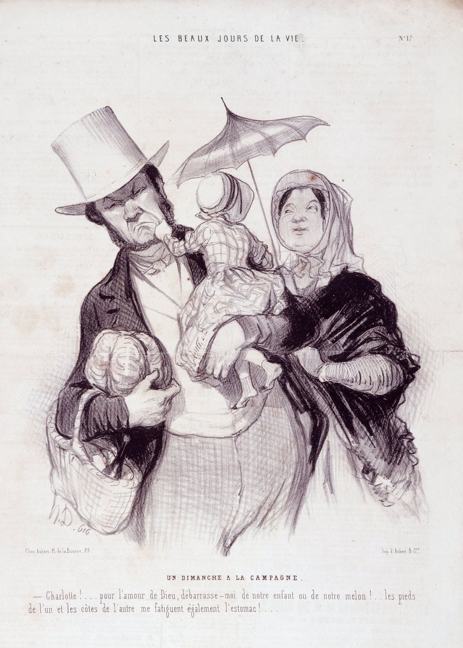 Aile hakkında çizgi film. “Hayatın Güzel Günleri” serisi: Kırsalda bir Pazar...” Honore DAUMIER (1808-1879) tarafından yapılan gravür. 21 Temmuz tarihli “Le Charivari” gazetesinden alıntı by Honoré Daumier
