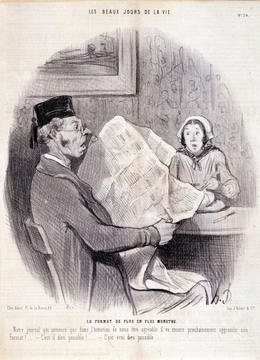 Basın hakkında karikatür. Dizi “” Hayatın Güzel Günleri””: “” Giderek artan canavar formatı...””. Honore DAUMIER (1808-1879) tarafından yapılan gravür. 18 Ekim tarihli “Le Charivari” gazetesinden alıntı by Honoré Daumier