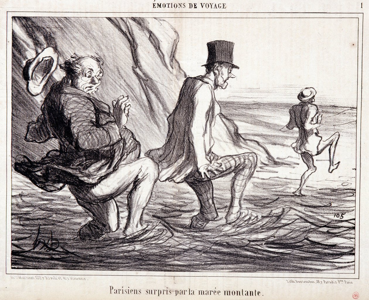 Tatildeki turistler hakkında çizgi film. Seri “” Axe Bains de Mer: “” Seyahat duyguları. Parisli yükselen kısrak tarafından yakalandı””. Honore DAUMIER (1808-1879) tarafından yapılan gravür. 8 Ekim tarihli “Le Charivari” gazetesinden alıntı by Honoré Daumier