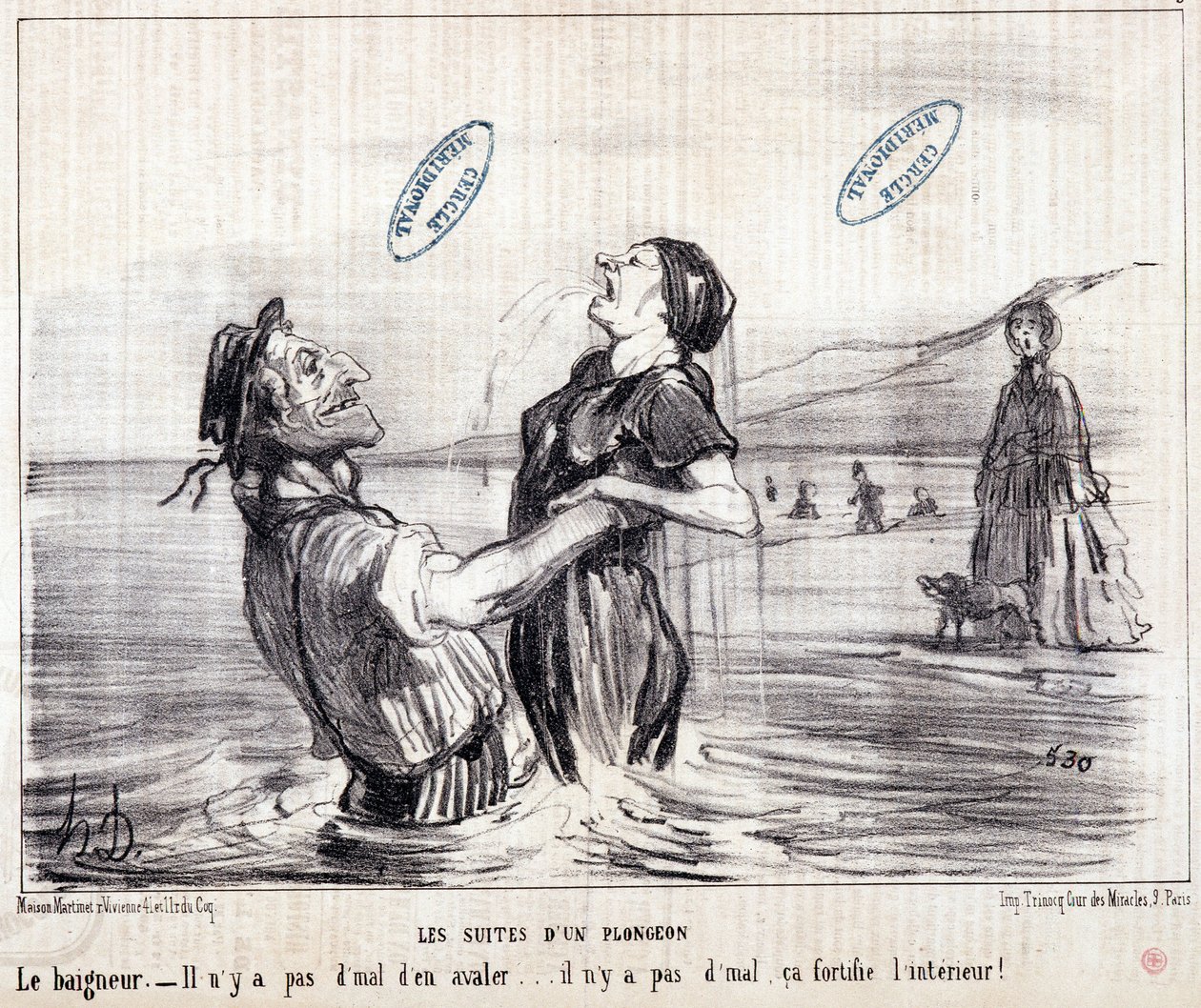 Tatildeki turistler hakkında çizgi film. Seri “” Les Bains de Mer””: “” Su taslağı. Bir dalışın sekansları””. Honore DAUMIER (1808-1879) tarafından yapılan gravür. 1853 tarihli “Le Charivari” gazetesinden alıntı. Dim: 24x28cm. Env 2453 - kutu 12 N¡1. Marsi by Honoré Daumier