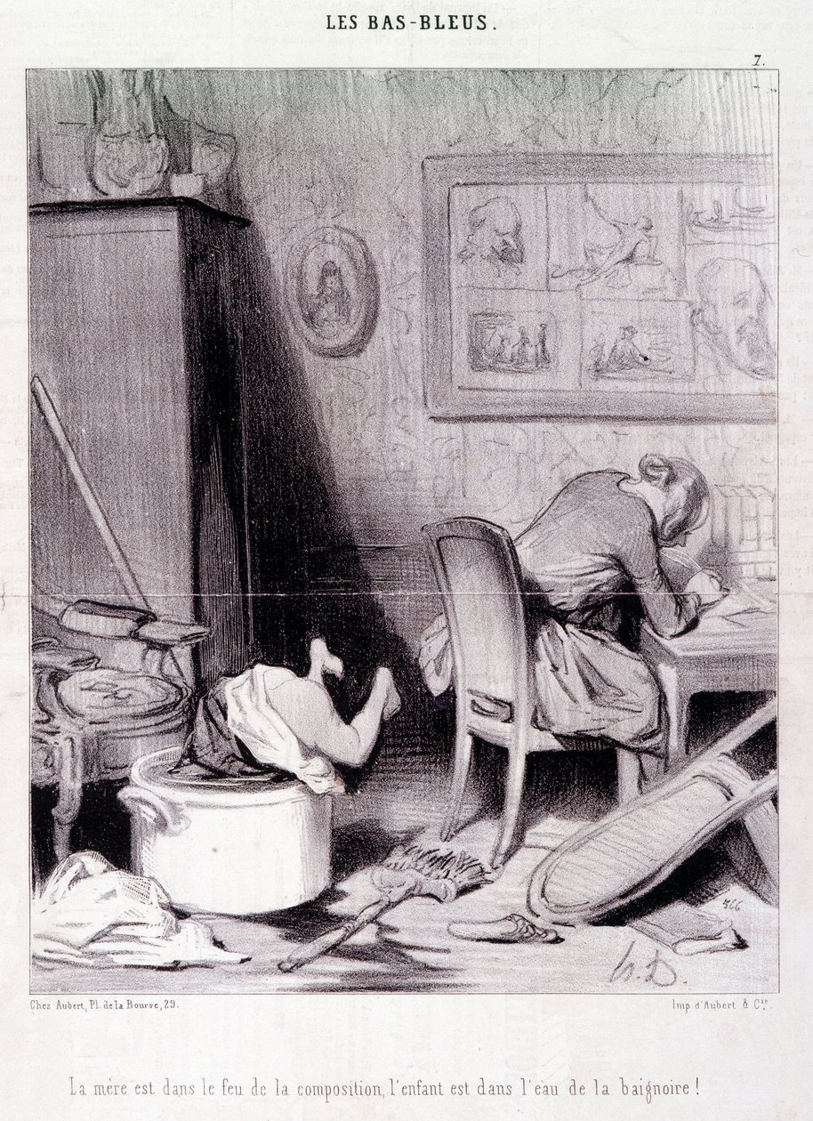 Kadın yazarlar hakkında karikatür. Serie “” Bas Bleus”: “” Anne kompozisyonun ateşinde, çocuk banyo suyunda! “” Honore DAUMIER (1808-1879) tarafından yapılan gravür. 20 Şubat tarihli “Le Charivari” gazetesinden alıntı by Honoré Daumier