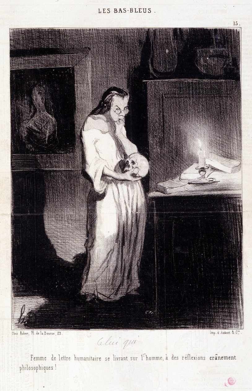 Kadın yazarlar hakkında karikatür. Serie “” Les Bas Bleus”: “” Yaratıcı bir felsefi düşünceye sahip bir erkeğe düşkün olan insancıl mektubun kadını! “” Honore DAUMIER (1808-1879) tarafından yapılan gravür. 10 Mart tarihli “Le Charivari” gazetesinden alıntı by Honoré Daumier