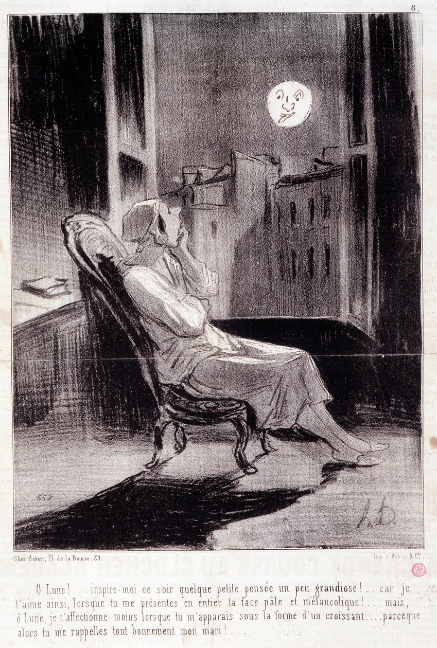 Kadın yazarlar hakkında karikatür. Seri “” Bas Bleus””: “” O! Ay bana bu gece ilham veriyor...”” Honore DAUMIER (1808-1879) tarafından yapılan gravür. 28 Şubat “Le Charivari” gazetesinden alıntı by Honoré Daumier