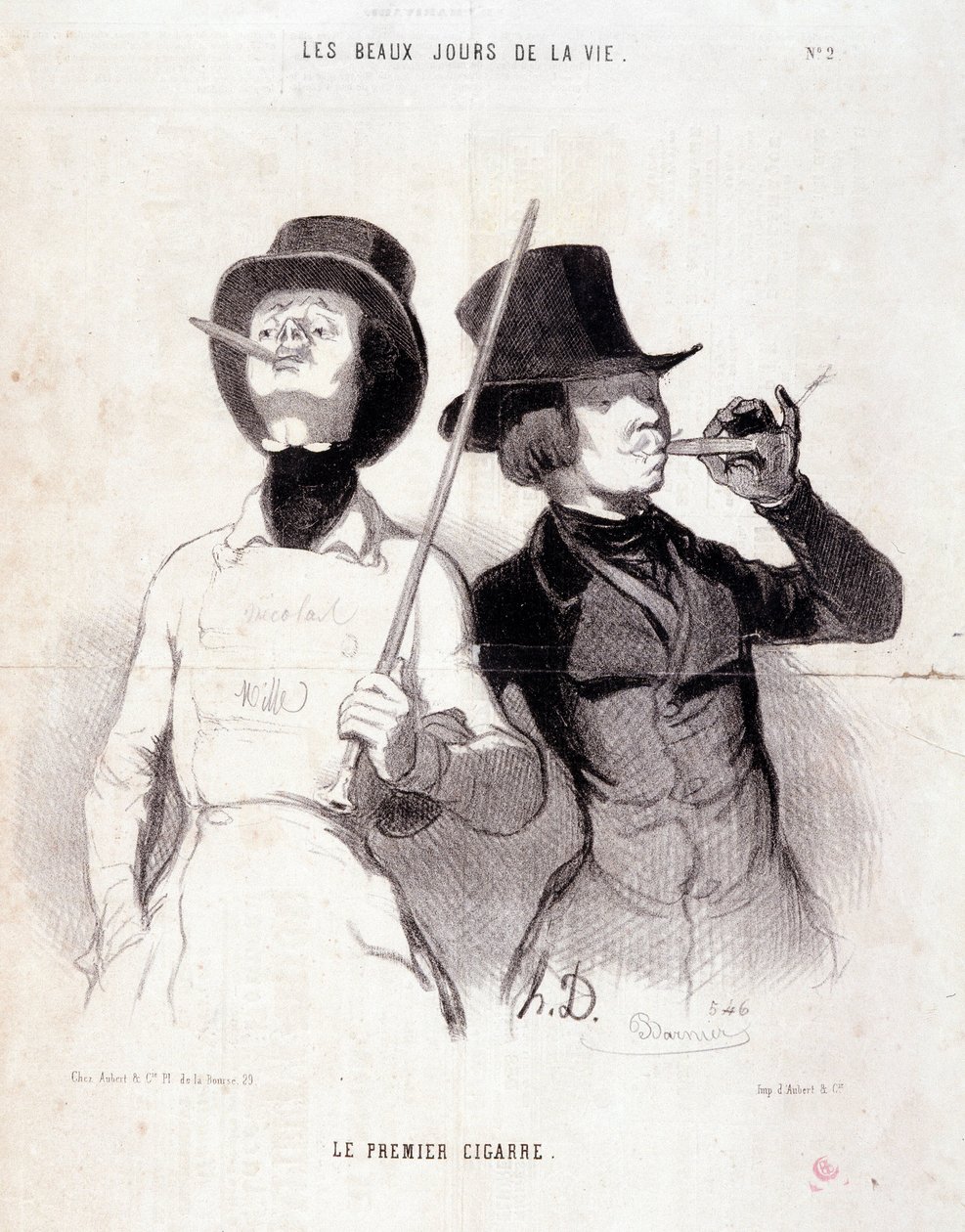 Genç Dandys hakkında karikatür. Dizi “”Hayatın Güzel Günleri””: “”İlk puro””. Honore DAUMIER (1808-1879) tarafından yapılan gravür. 31 Aralık 1843 tarihli “Le Charivari” gazetesinden alıntı Dim 37x25cm Env 1089 - kutu 8 N¡2. Marsilya, Musee des Beaux by Honoré Daumier