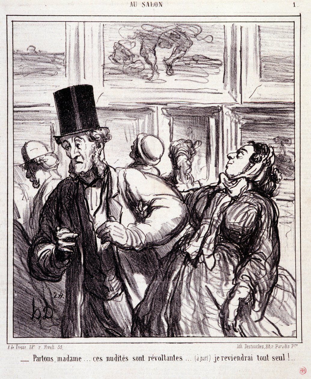 Sanatseverler üzerine karikatür: “” Au salon”” dizisi: Hadi gidelim hanımefendi... bu çıplaklar isyankar... Yalnız döneceğim”” Honore DAUMIER (1808-1879) gravürü. 5 Mayıs tarihli “Le Charivari” gazetesinden alıntı by Honoré Daumier