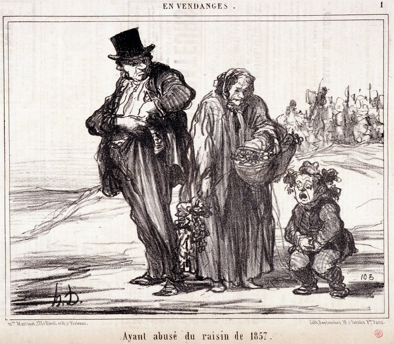 Bağcılık üzerine çizgi film. Seri “” Sonbahar Kroki””: “” Hasatta. 1857 üzümlerinin kötüye kullanılması”” Honore DAUMIER (1808-1879) tarafından gravür. 16 Ekim “Le Charivari” gazetesinden alıntı by Honoré Daumier
