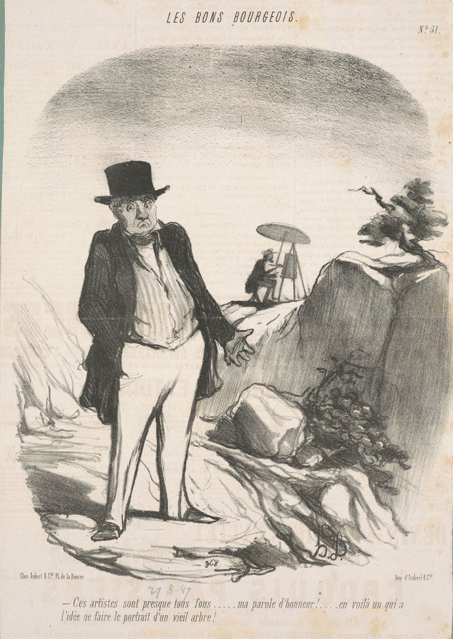 Bu sanatçıların neredeyse hepsi çılgın. . . Onur sözüm! . . . İşte yaşlı bir ağacın portresini yapma fikri olan biri! by Honoré Daumier