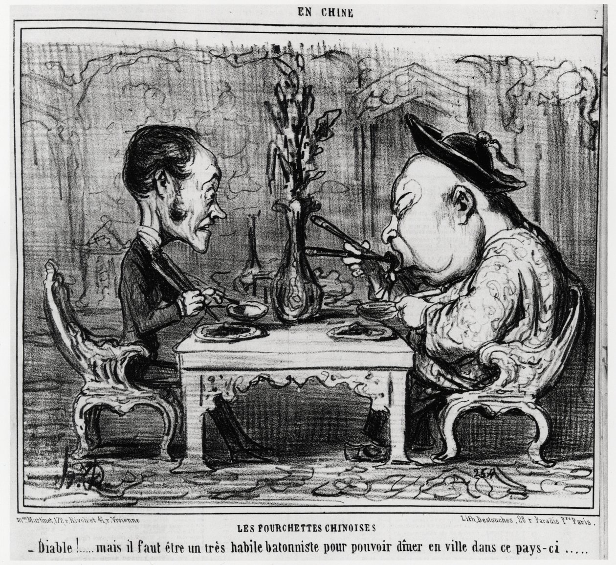Çin çatalları: “” Şeytan! ama bu ülkede şehirde yemek yiyebilmek için çok yetenekli bir batoncu olmak gerekiyor. “”, En Chine serisinde, Honore Daumier (1808-1879) çizimi, “” Charivari”de yayınlandı by Honoré Daumier