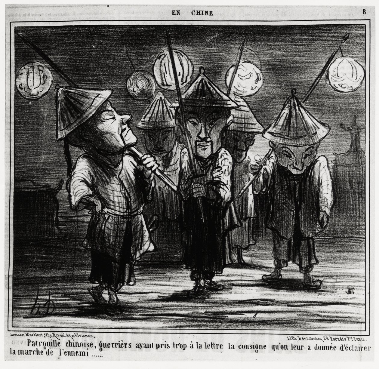 Çin devriyesi, savaşçılar, düşmanın yürüyüşünü ateşlemek için kendilerine verilen talimatları harfi harfine çok fazla aldılar. En Chine serisinde, Honore Daumier