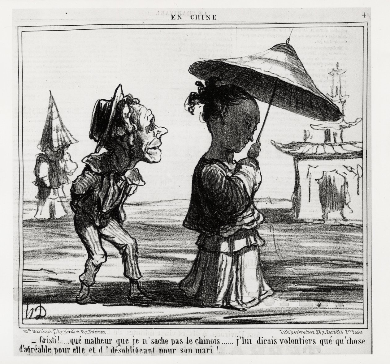 Christi! Çince konuşmayı bilmiyorum... Kendisi için hoş ve kocası için zorunlu olmayan bir şey olduğunu ona memnuniyetle söyleyeceğim!... En Chine dizisinde, Honore Daumier (1808-1879) tarafından yapılan çizim, “” de yayınlandı. Charivari””, 12 Ocak tarihl by Honoré Daumier