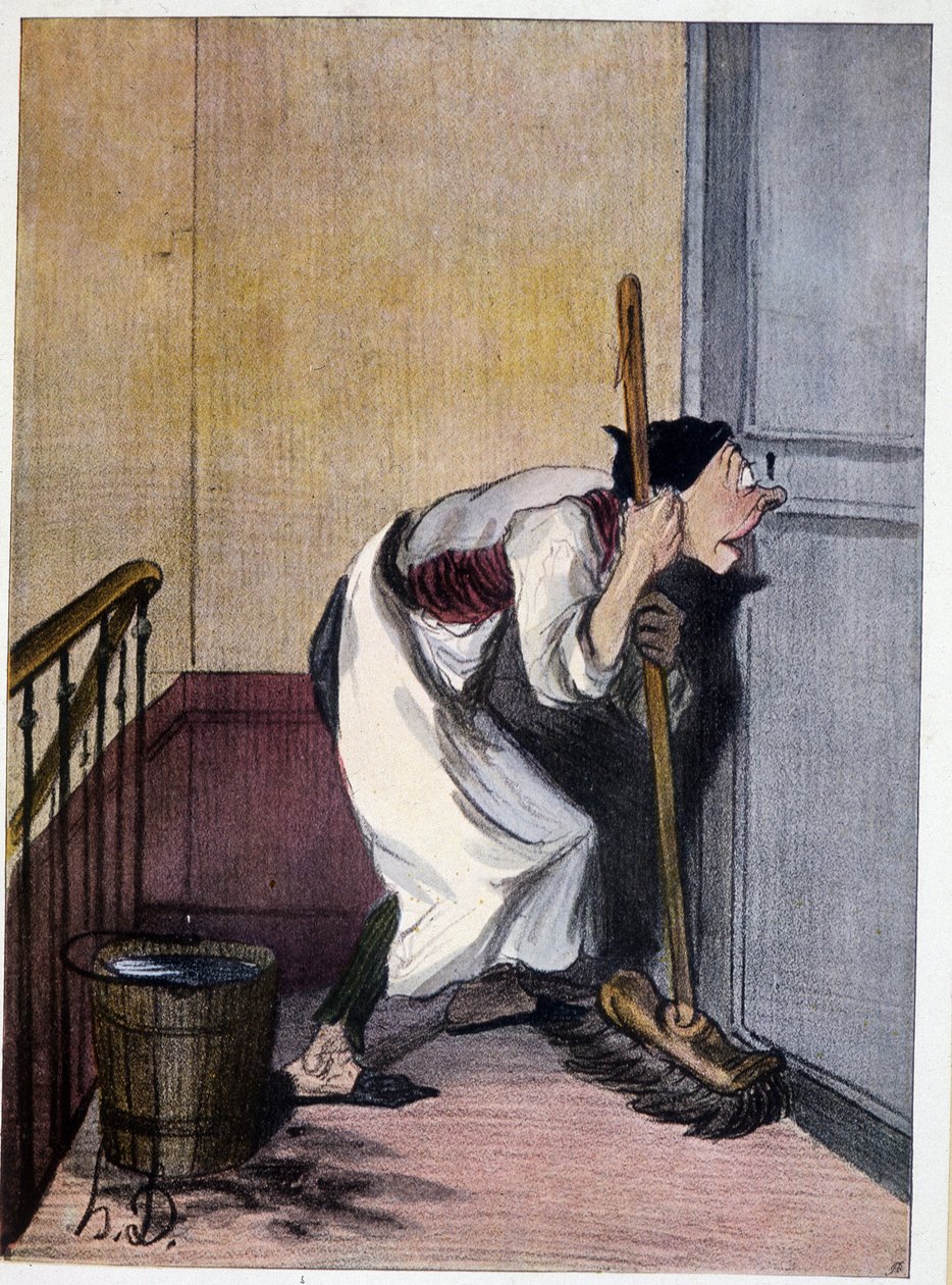 Concierge looking through a keyhole - drawing by Daumier, n.d. 19th. by Honoré Daumier