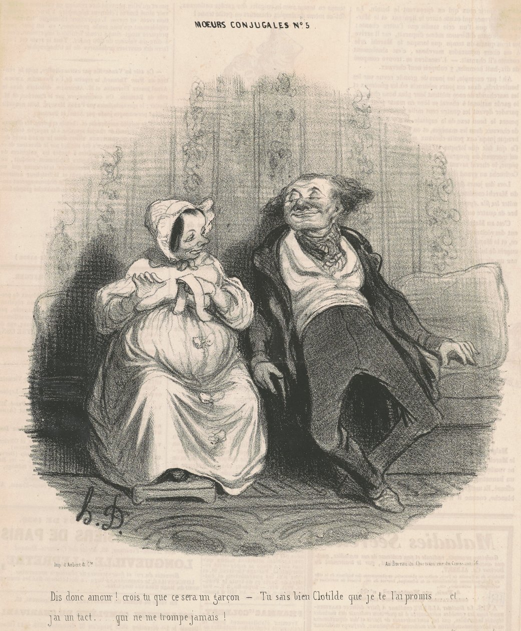 Aşk deyin! Sizce erkek mi olacak? - Sana söz verdiğimi çok iyi biliyorsun Clothilde. . . Ve inceliğim var. . . Beni asla aldatmayan! by Honoré Daumier