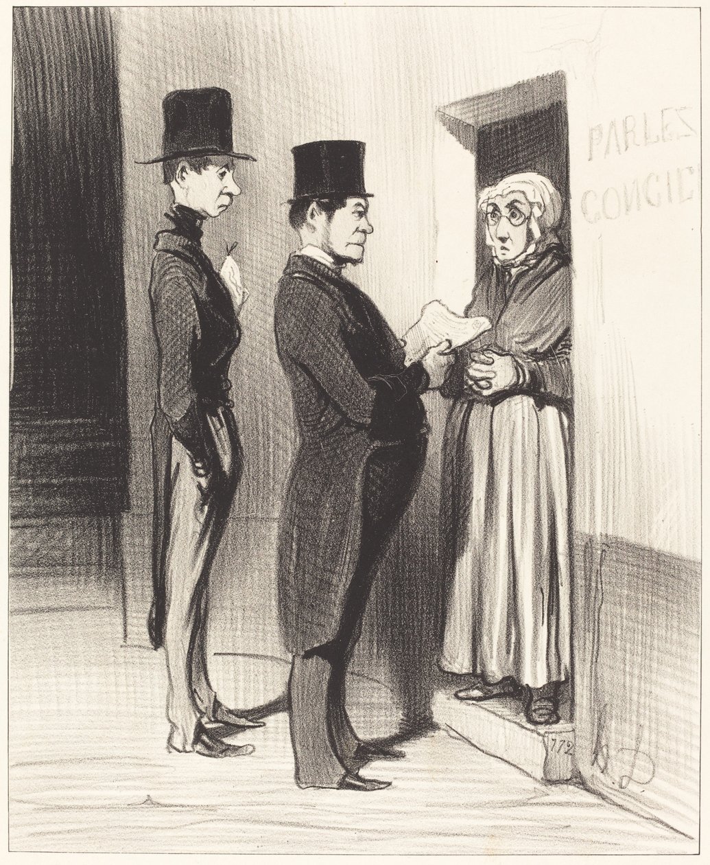 Ve kapısına konuşarak böyle ilan etti... by Honoré Daumier