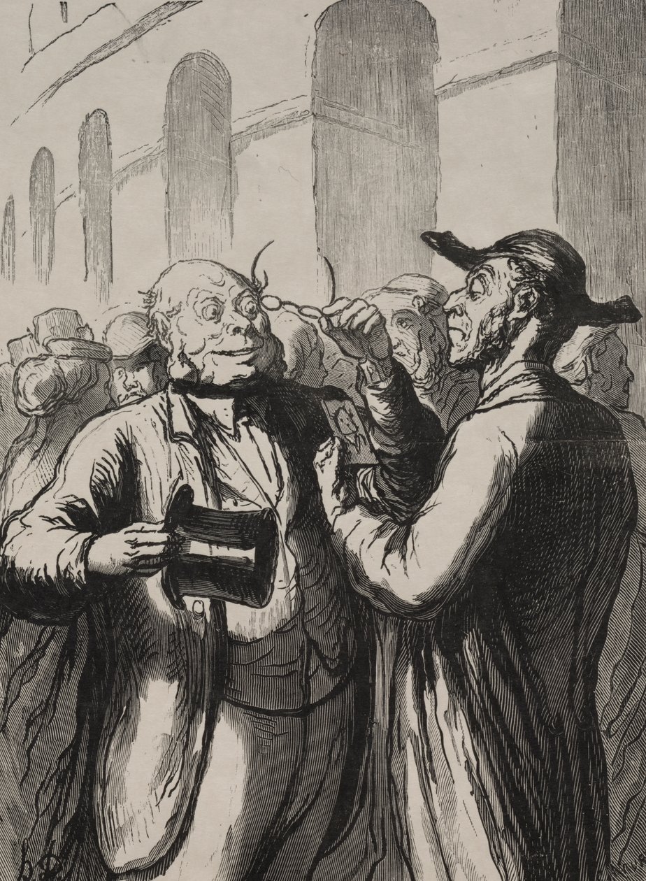 Evrensel Sergi: Turnikelerde fotoğrafların incelenmesi. Kel şapkalarını, miyop gözlüklerini çıkarmalıdır. by Honoré Daumier