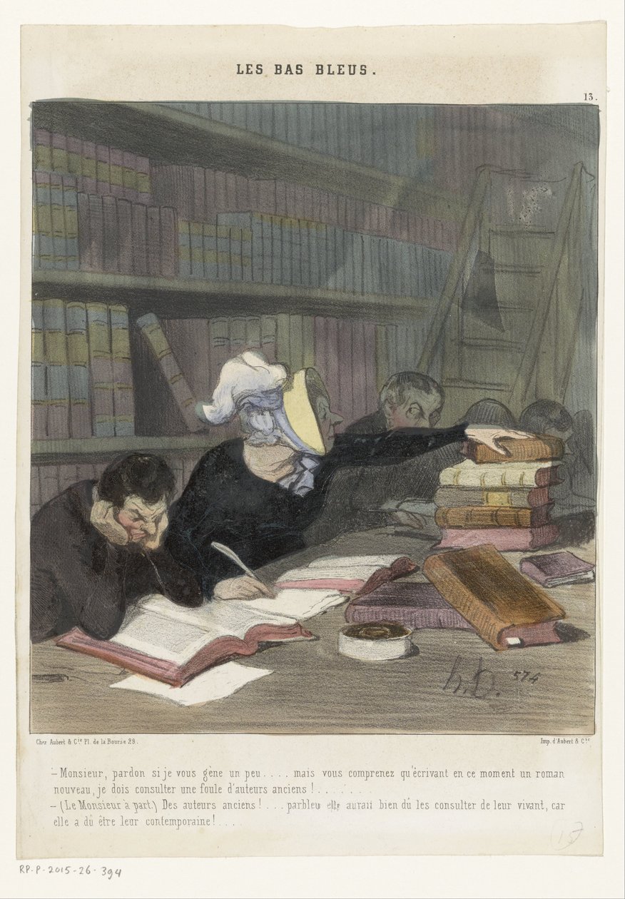 Halk kütüphanesinde bir okuma masasının arkasındaki figürler Les Bas Bleus (nesne üzerinde seri başlığı) by Honoré Daumier