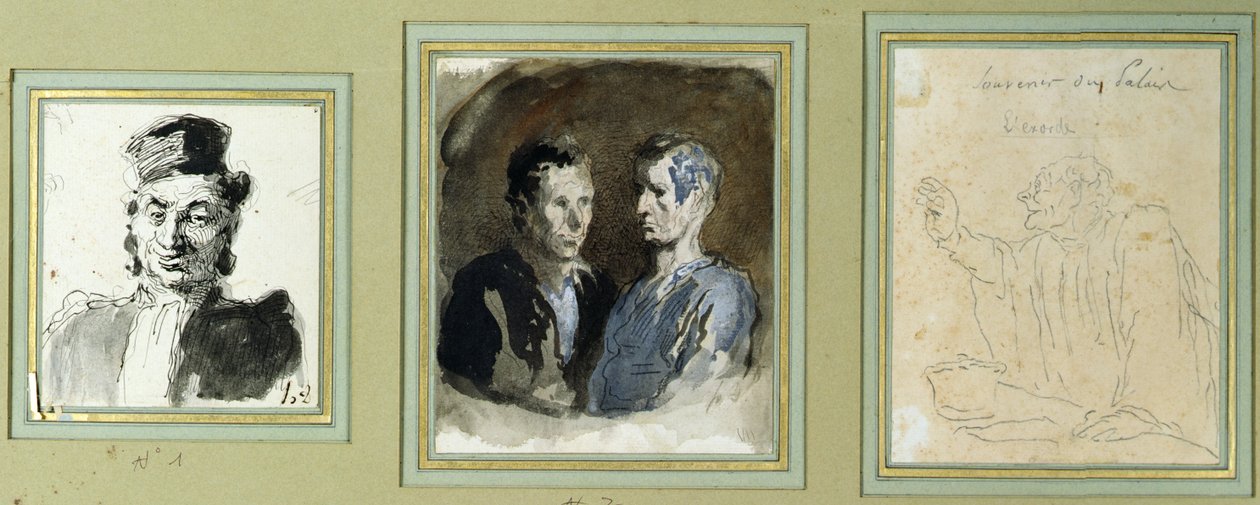 Bir avukat, iki sanık ve bir davacının önden görünümü (kalem, yıkama, tuvalet ve kağıt üzerine mürekkep) by Honoré Daumier