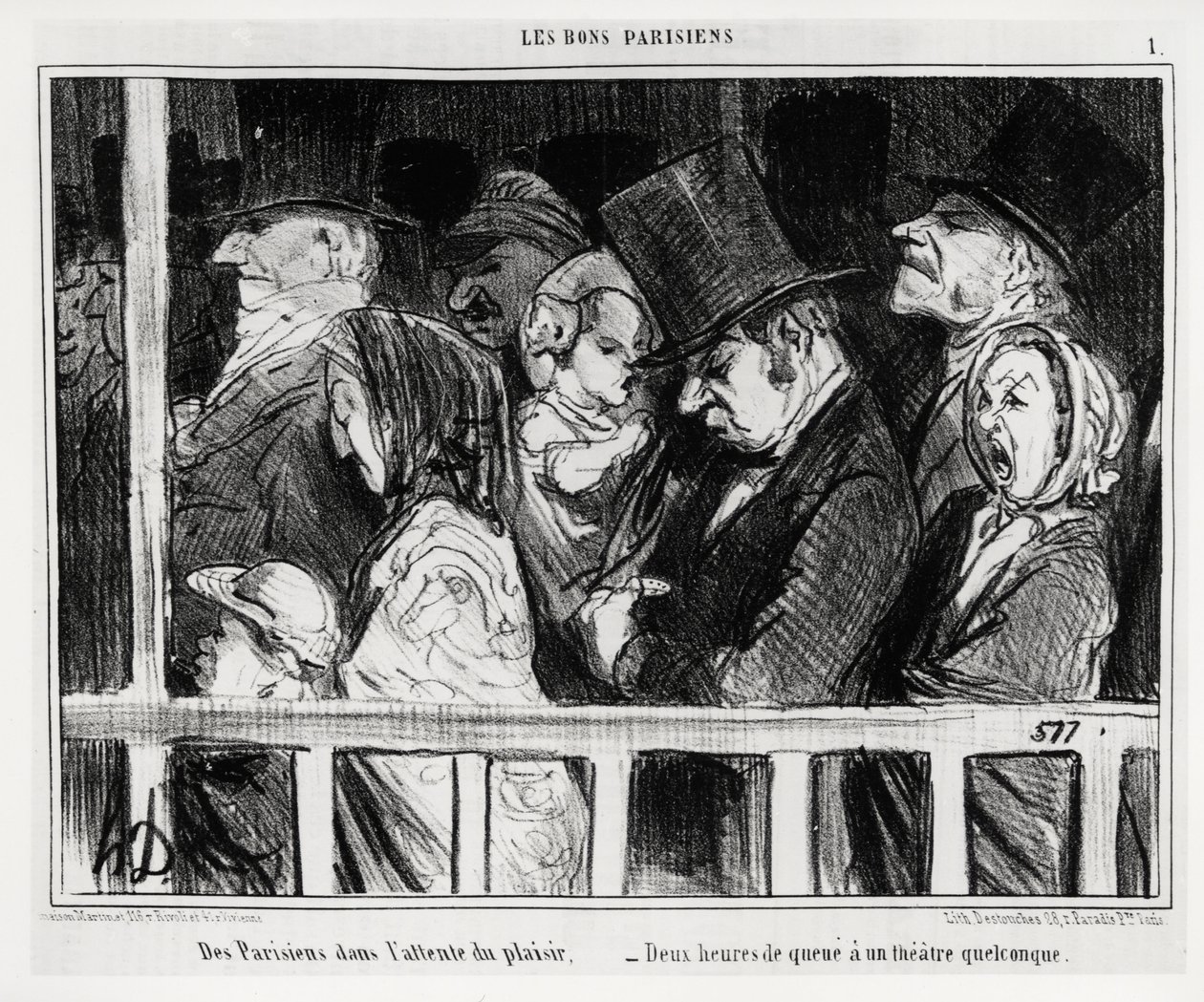 İyi Parisliler: Eğlenmek için bekleyen Parisliler, iki saatlik kuyrukta bir çeşit tiyatro var. Honore Daumier