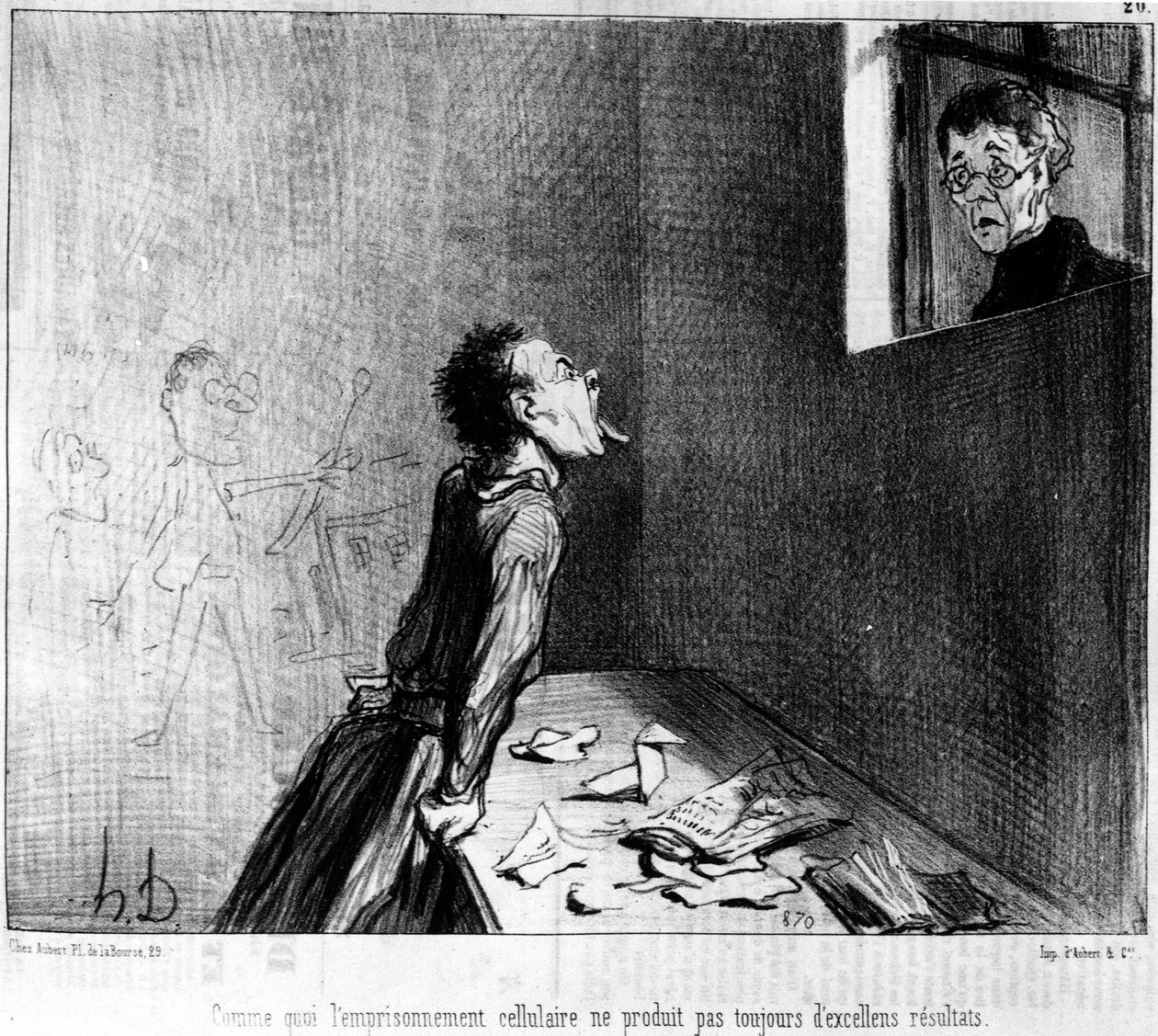 Profesör ve Moutards of Honore Daumier (1808-1879) hakkında bir dizi çizgi film, hücre hapsinin her zaman mükemmel sonuçlar vermediğini gösteriyor. "Çarivari" by Honoré Daumier