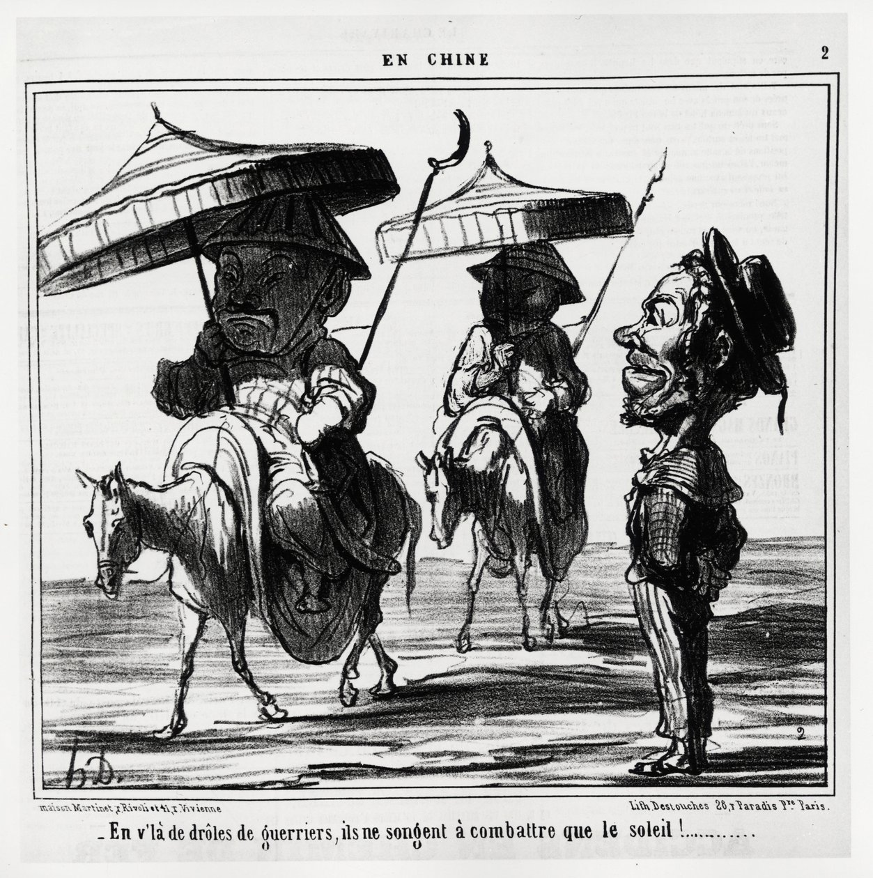 Bu komik savaşçılarda sadece güneşle savaşmayı düşünüyorlar. En Chine serisinde, Honore Daumier (1808-1879) çizimi, 8 Ocak tarihli “” Charivari””de yayınlandı. by Honoré Daumier