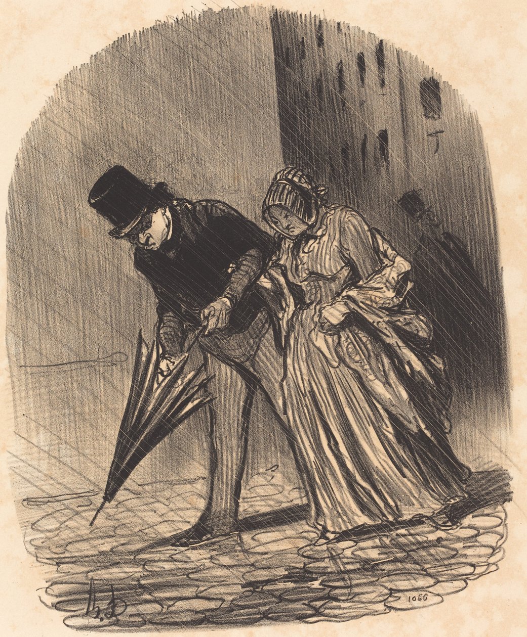 Çok karmaşık yaylara sahip bir şemsiyenin dezavantajı by Honoré Daumier