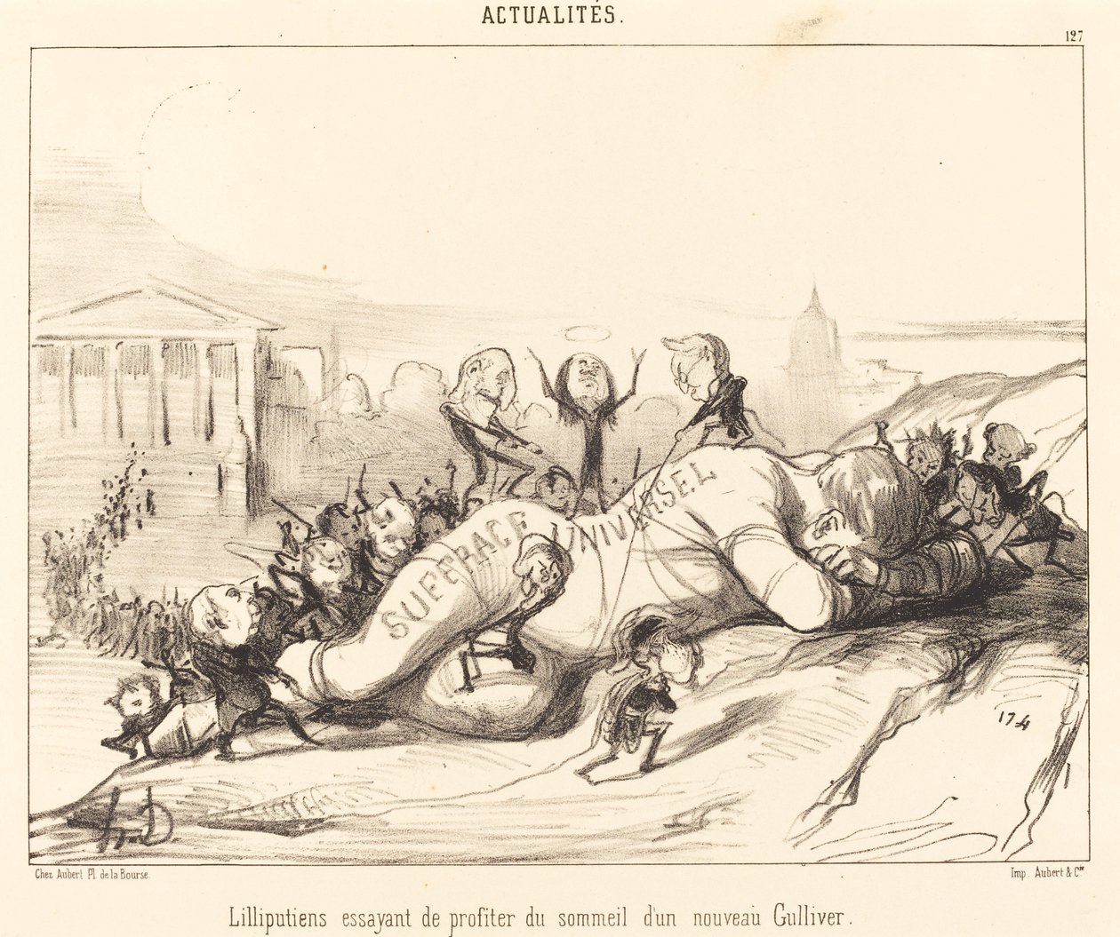 Uykunun tadını çıkarmaya çalışan Lilliputlular... by Honoré Daumier