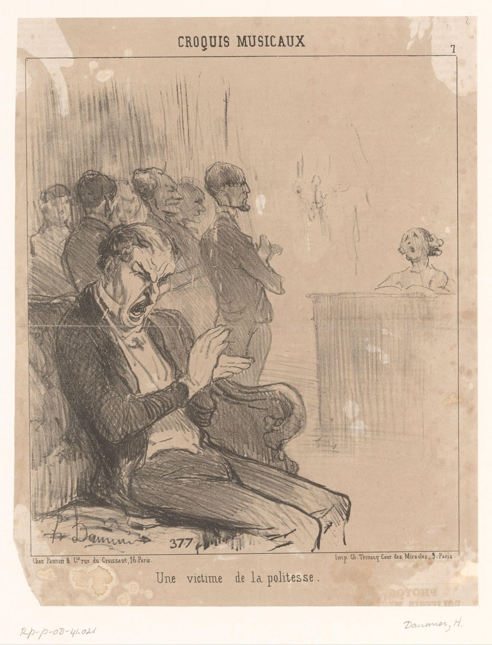 Adam esnerken piyanonun arkasındaki şarkıcıyı alkışlıyor Une kurban de la politesse (nesne üzerindeki başlık) Müzik performansları (dizi adı) Croquis musicaux (nesne üzerinde seri başlığı) by Honoré Daumier
