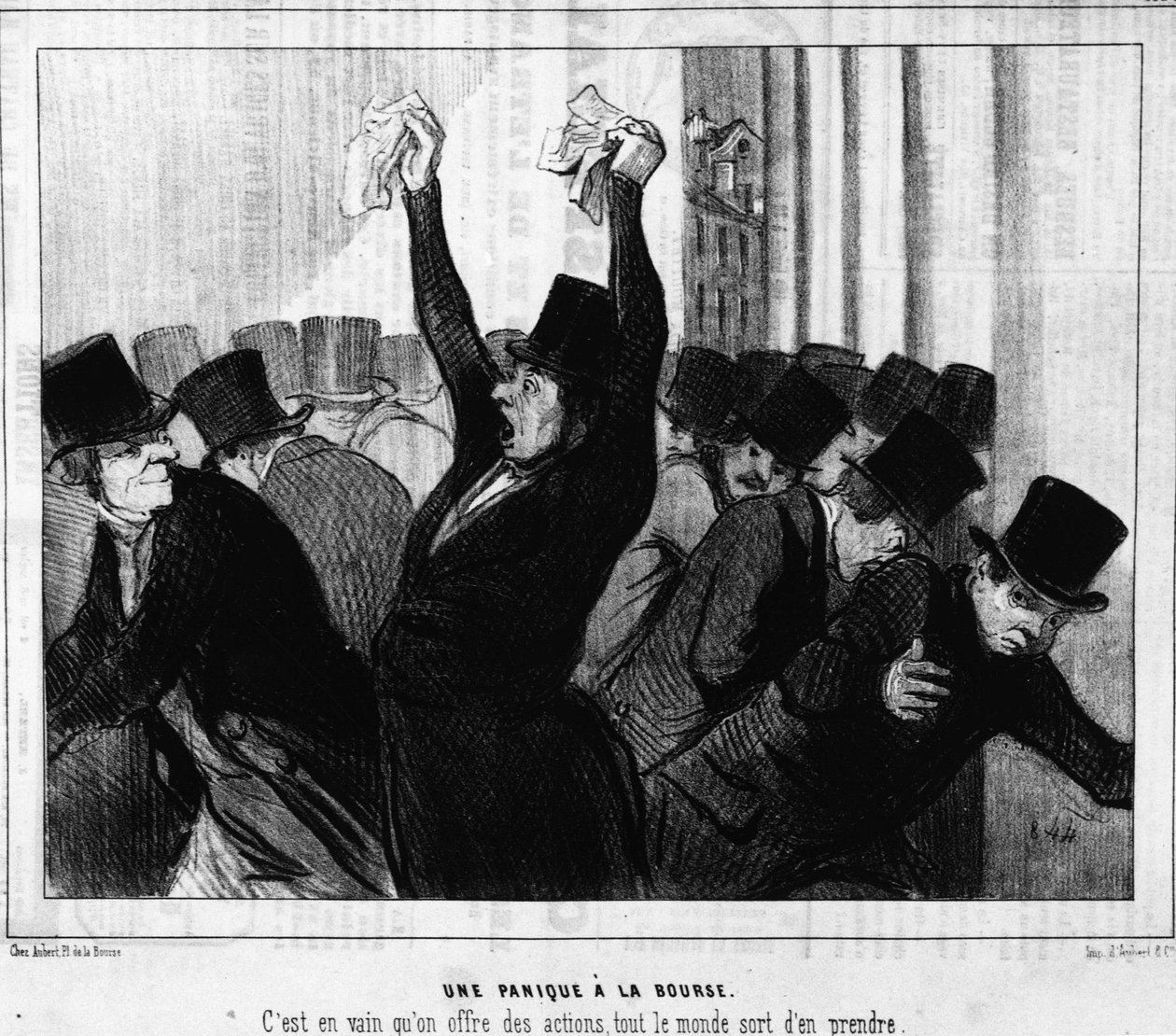 Borsada panik. Hisse teklifleri boşunaydı, herkes onlardan aldı: Honore Daumier borsasında (1808-1879) bir dizi karikatür olan “Gerçekler” den. charivari by Honoré Daumier