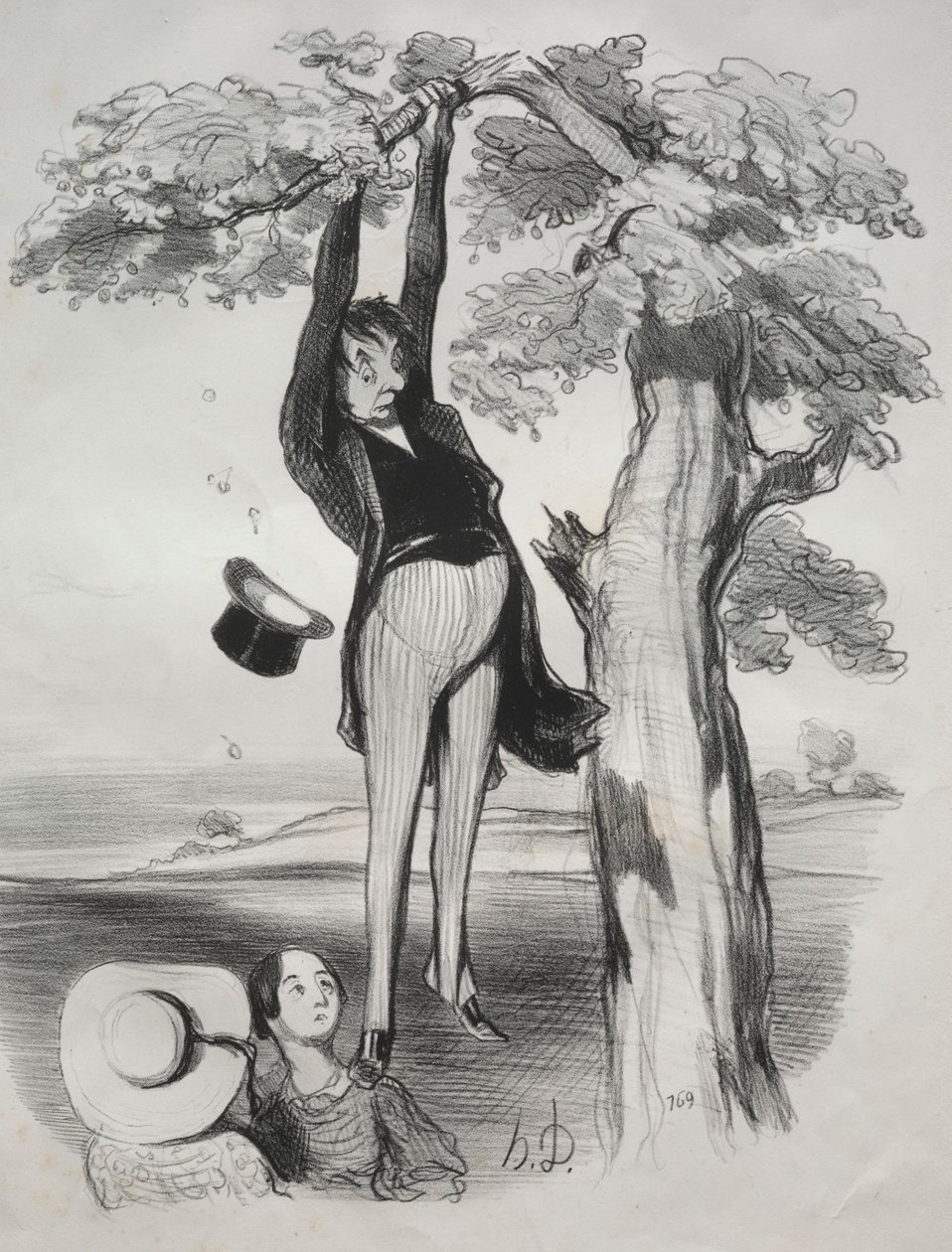 Pastorales, levha 2: Bir erik ağacını çok şiddetli sallamanın tehlikeleri..., 1845. by Honoré Daumier
