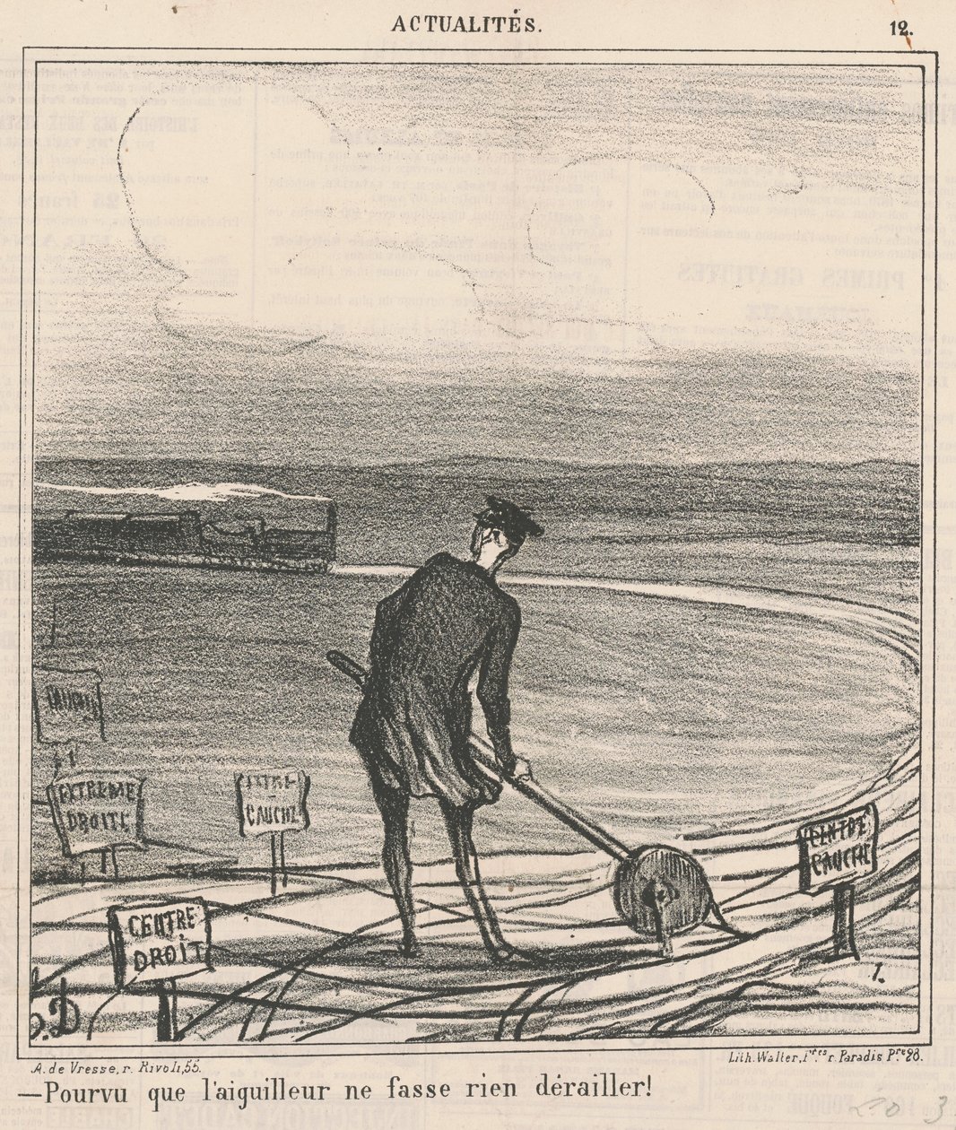 Anahtarcı hiçbir şeyi raydan çıkarmadığı sürece! by Honoré Daumier