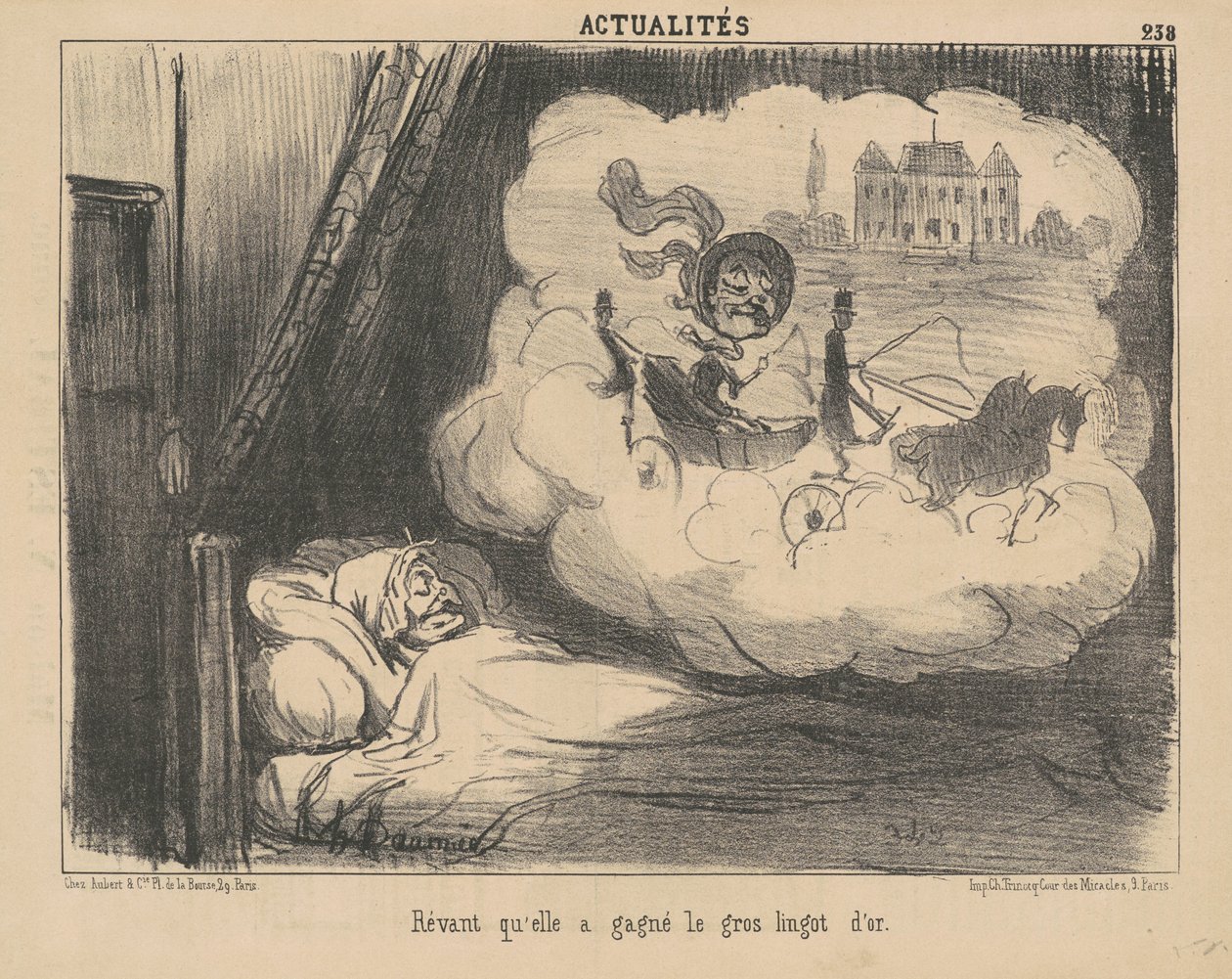 Büyük altın külçesini kazandığını hayal ediyor. by Honoré Daumier