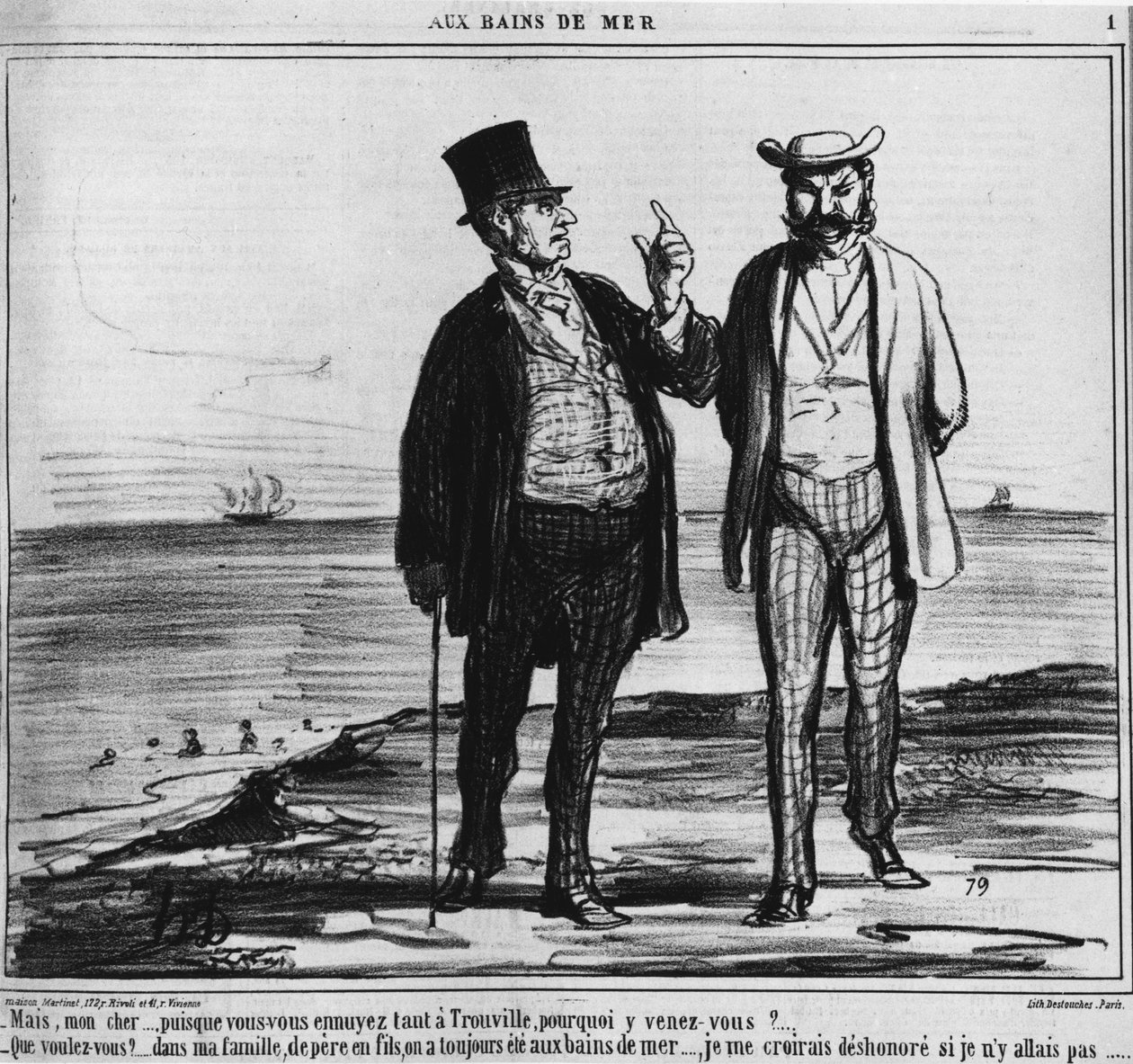 Sahil banyoları: Geleneklerin ve aile alışkanlıklarının ağırlığını taşıyan Trouville sahilindeki Parisliler - Honore Daumier, 25/08/1859 tarihli “” Charivari”de by Honoré Daumier