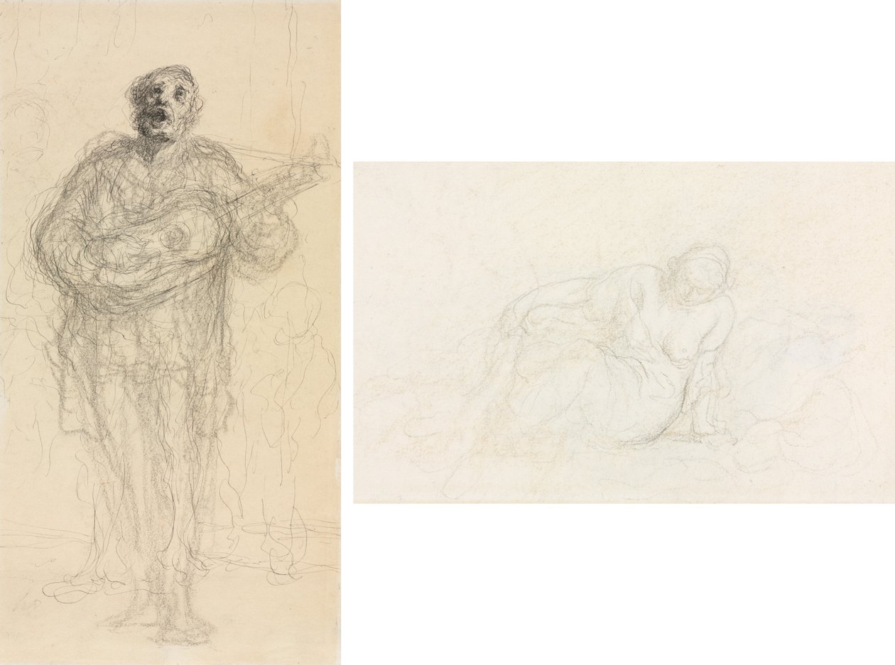 Şarkı Söyleyen Gitarist (rekto); Koluna Yaslanmış Uzanmış Kadın (verso) by Honoré Daumier