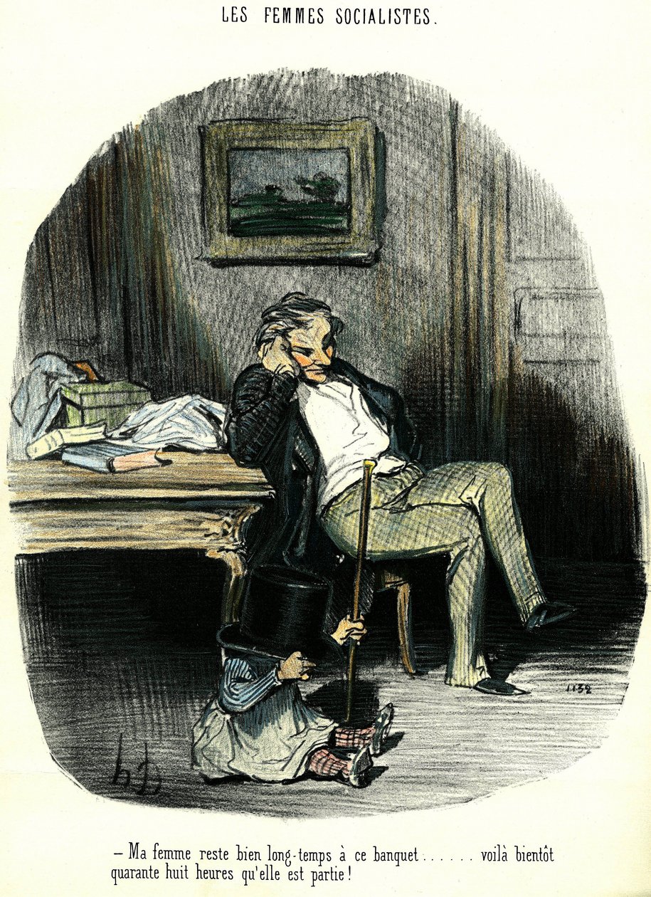 Sosyalist kadınlar İki gündür kayıp olan eşini çocuğuyla birlikte bekleyen bir adamı betimleyen anti-feminist karikatür. Honore Daumier (1808-1879) tarafından litografi 19. yüzyıl Özel Koleksiyonu by Honoré Daumier