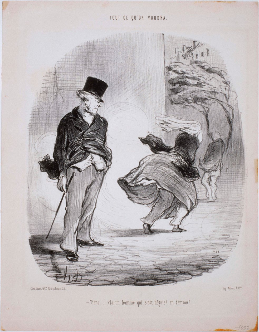 Ne istersek iste- İşte... İşte kadın kılığına girmiş bir adam geliyor... by Honoré Daumier